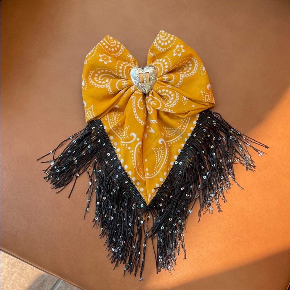 Yellow Bandana Bow with Black Fringe